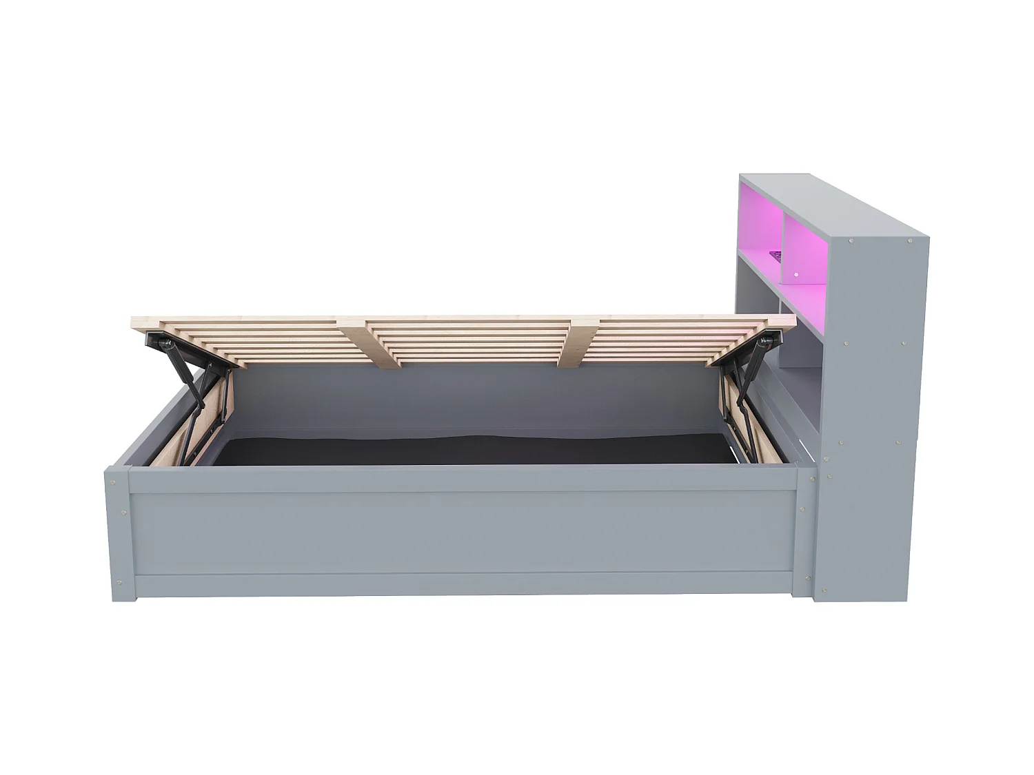 Lit simple coffre 90x200 cm avec éclairage LED et prise USB, lattes en bois, gris - sans matelas