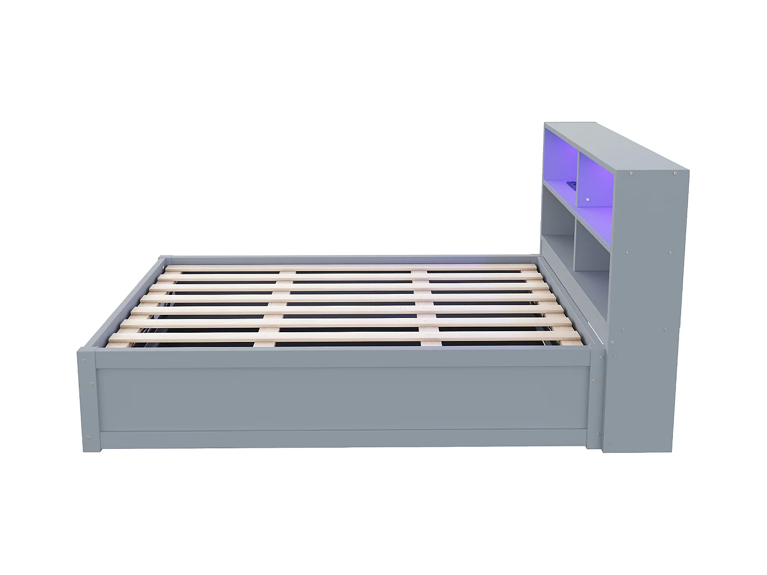 Lit simple coffre 90x200 cm avec éclairage LED et prise USB, lattes en bois, gris - sans matelas