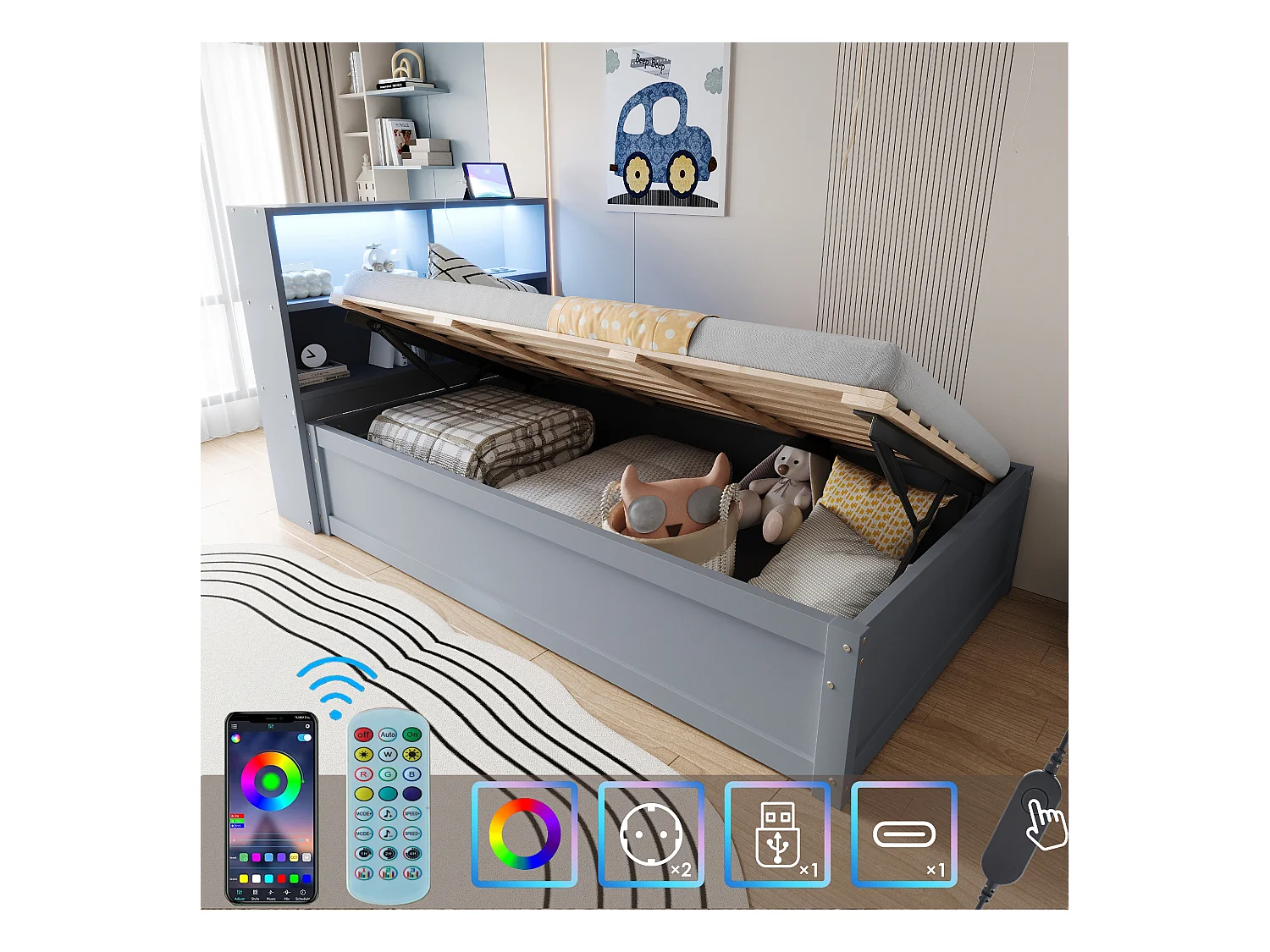 Lit simple coffre 90x200 cm avec éclairage LED et prise USB, lattes en bois, gris - sans matelas