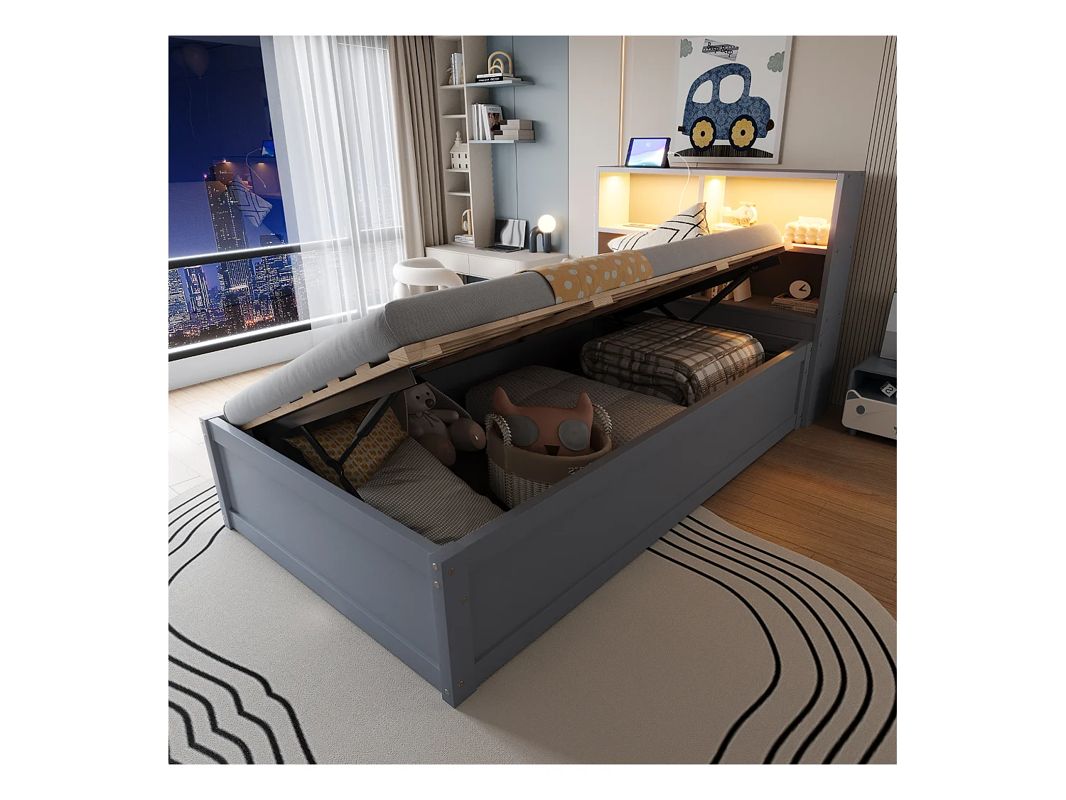 Stauraumbett 90x200 cm mit LED-Licht und USB-Steckdose, Holzlattenrost, grau - ohne Matratze