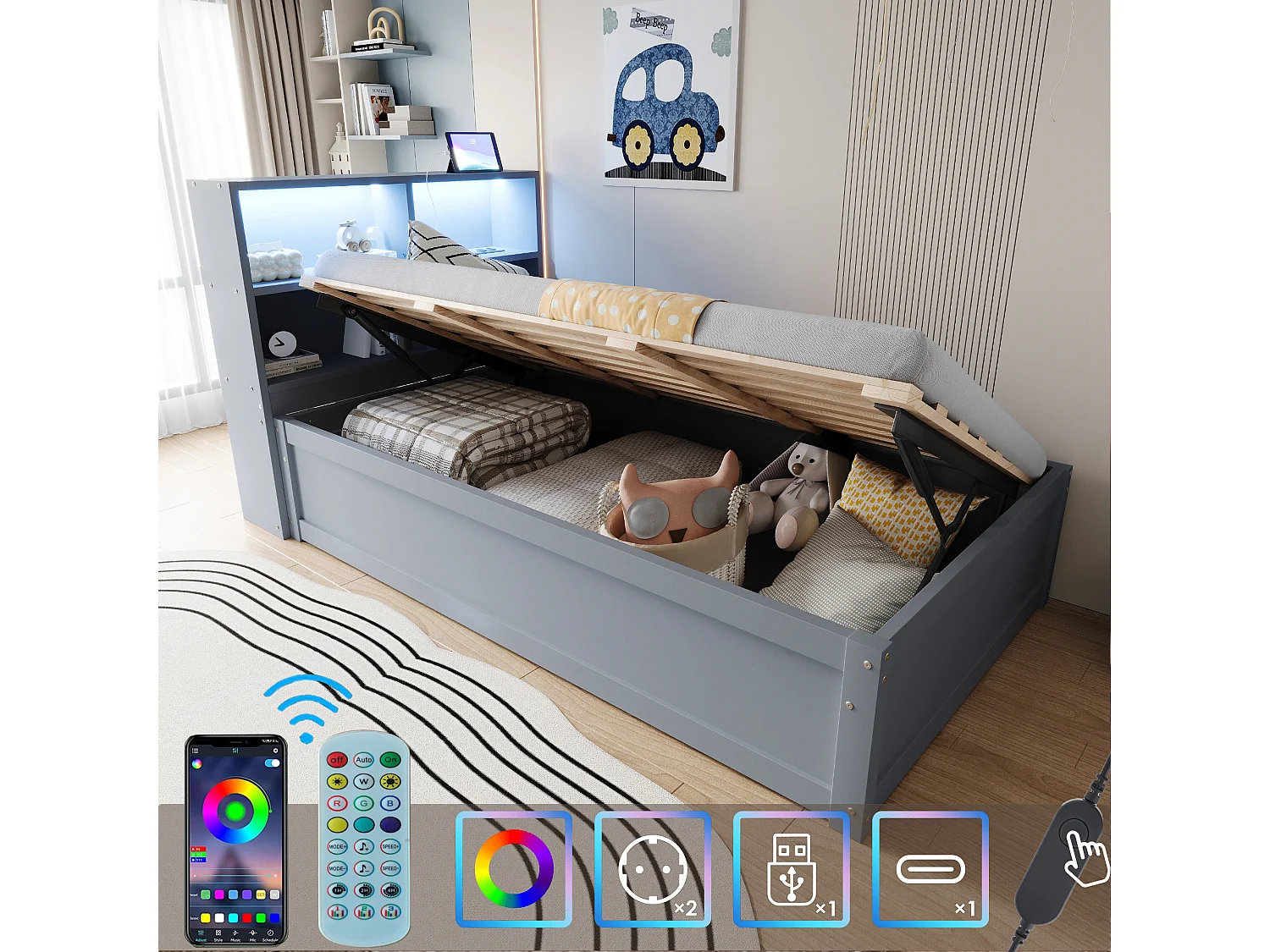 Lit simple coffre 90x200 cm avec éclairage LED et prise USB, lattes en bois, gris - sans matelas