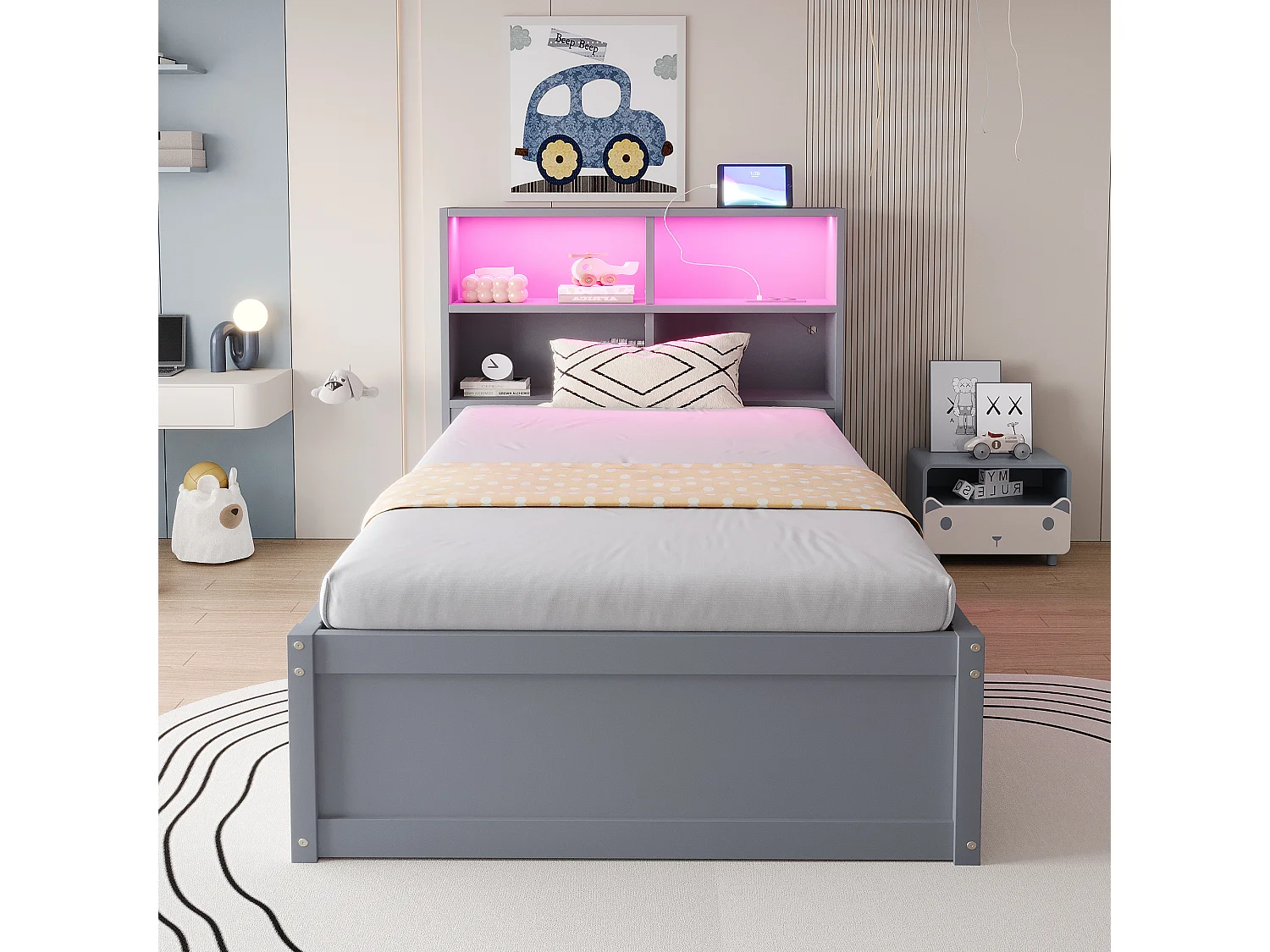 Lit simple coffre 90x200 cm avec éclairage LED et prise USB, lattes en bois, gris - sans matelas