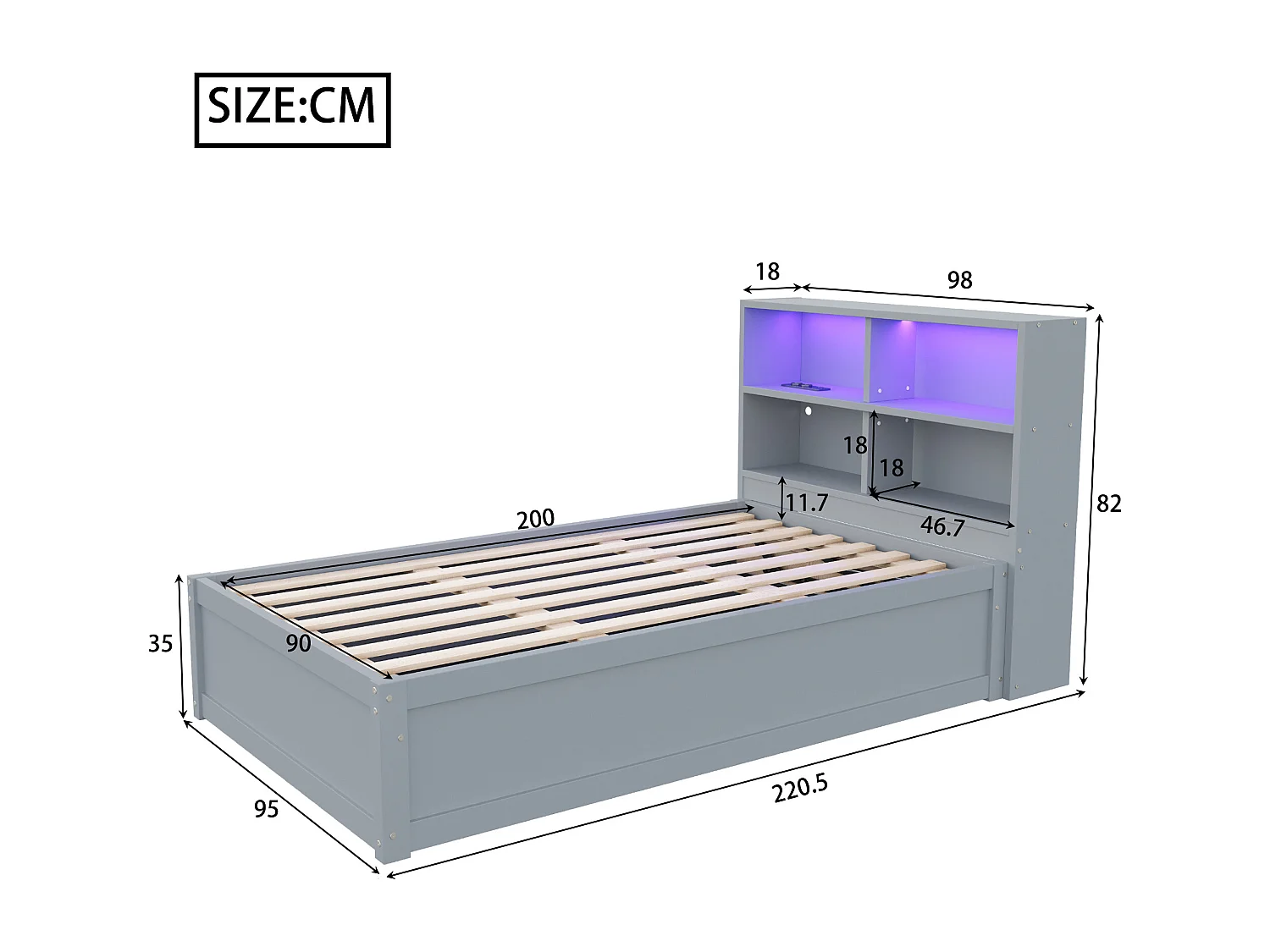 Lit simple coffre 90x200 cm avec éclairage LED et prise USB, lattes en bois, gris - sans matelas