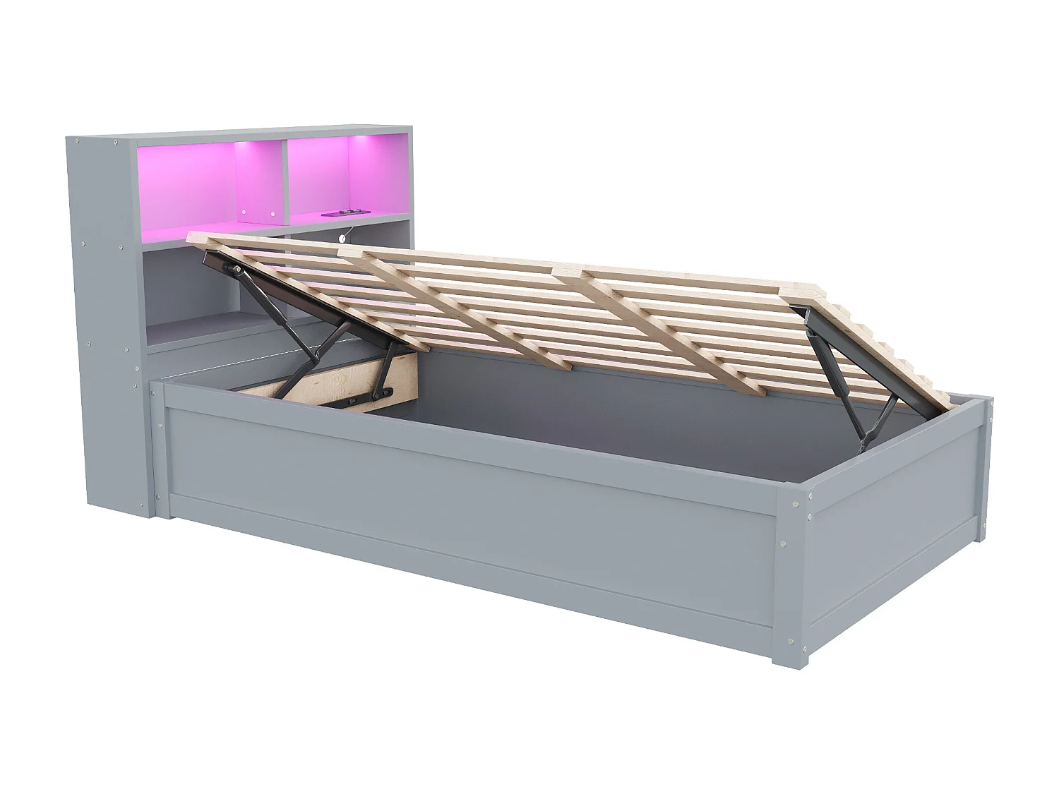 Lit simple coffre 90x200 cm avec éclairage LED et prise USB, lattes en bois, gris - sans matelas