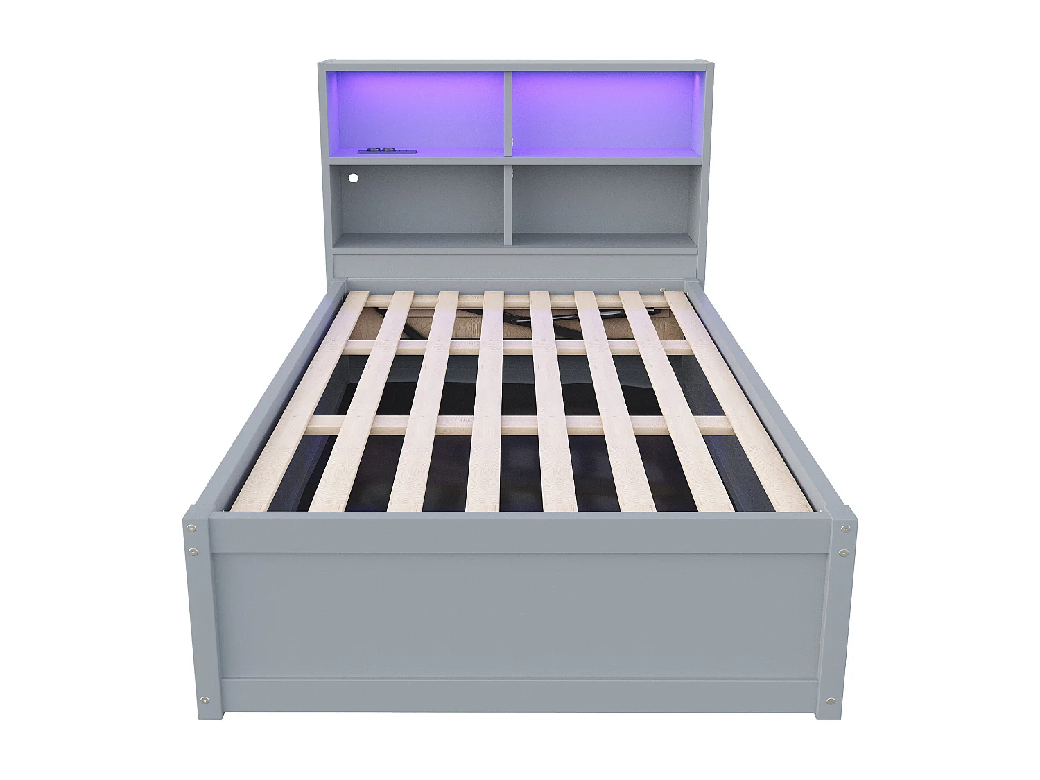 Lit simple coffre 90x200 cm avec éclairage LED et prise USB, lattes en bois, gris - sans matelas