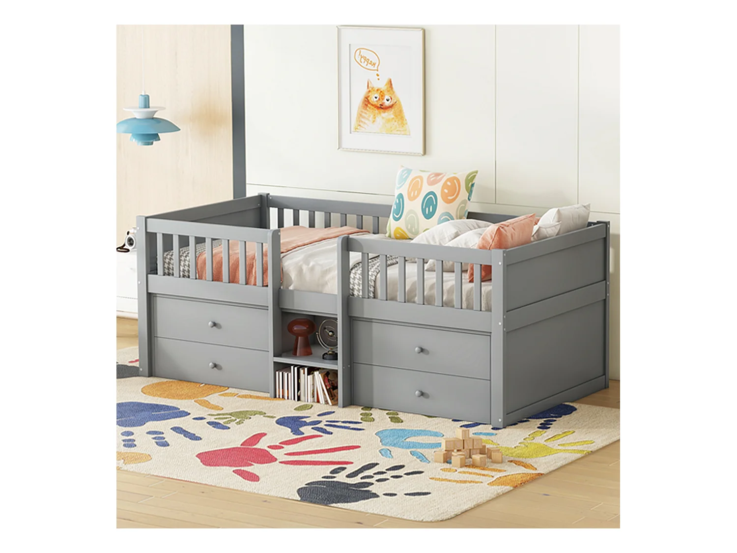 Lit enfant 90x200 cm avec 4 tiroirs de rangement et barrières de sécurité, gris - sans matelas