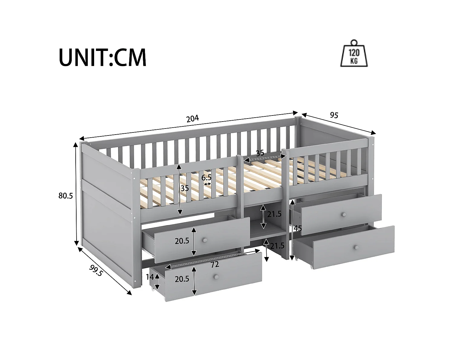 Lit enfant 90x200 cm avec 4 tiroirs de rangement et barrières de sécurité, gris - sans matelas