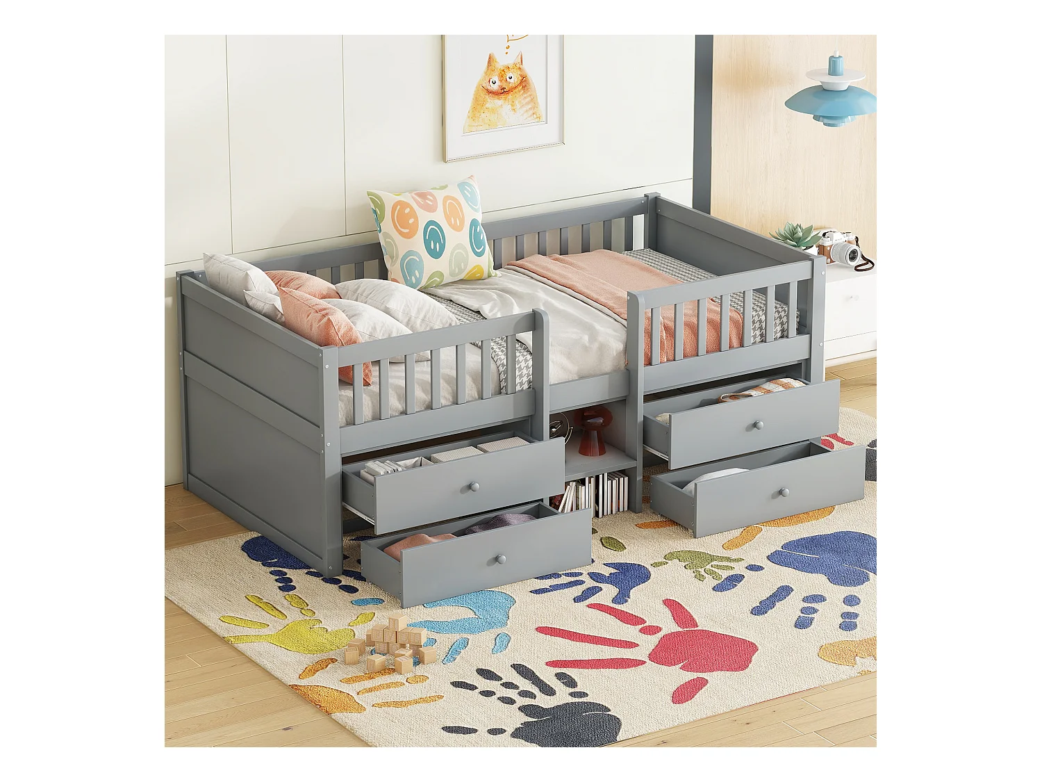 Lit enfant 90x200 cm avec 4 tiroirs de rangement et barrières de sécurité, gris - sans matelas
