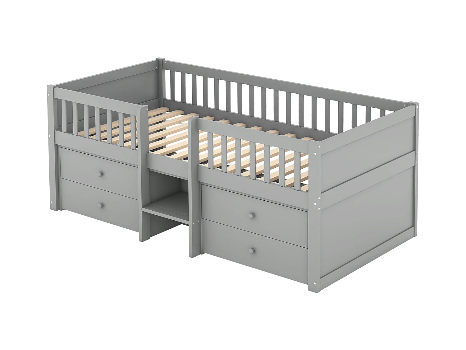 Kinderbed 90x200 cm met 4 opberglades en veiligheidshekken, grijs - zonder matras