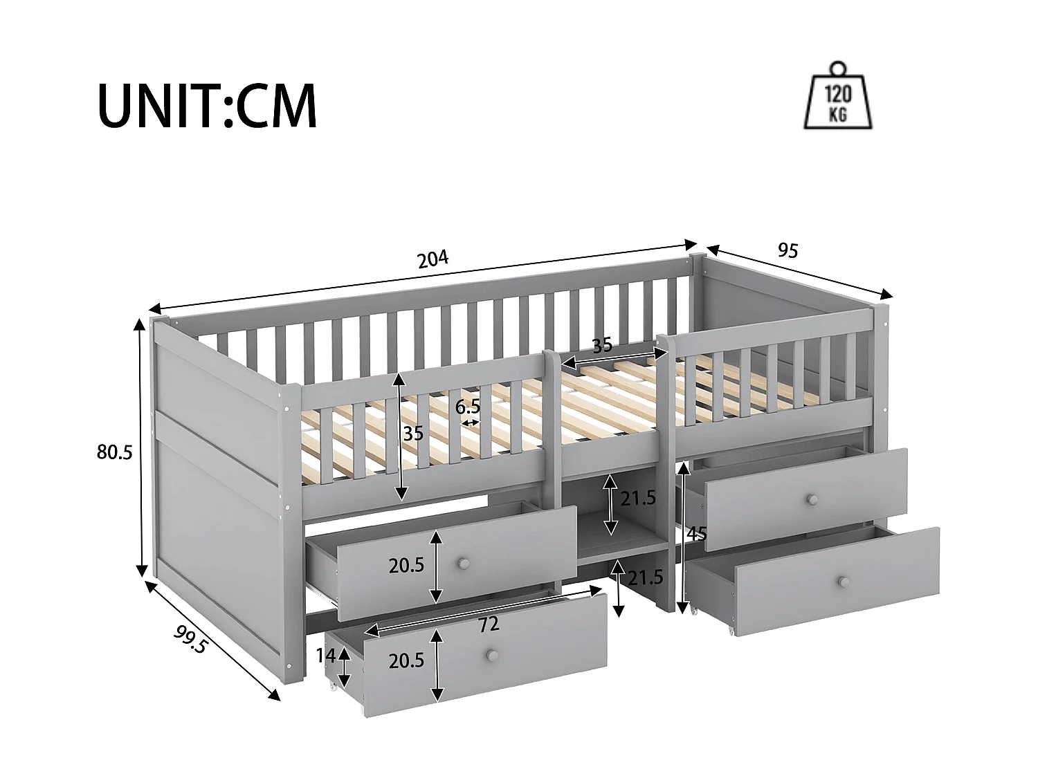 Kinderbett 90x200 cm mit 4 Aufbewahrungsschubladen und Sicherheitsgittern, grau - ohne Matratze