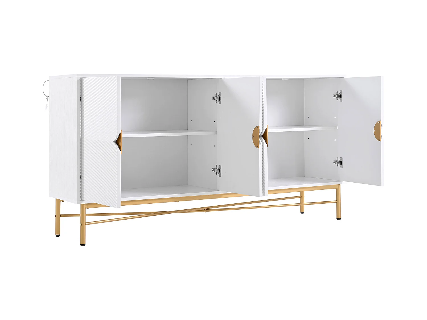 Buffet blanc avec 4 portes, poignées et pieds dorés - pour salon et salle à manger