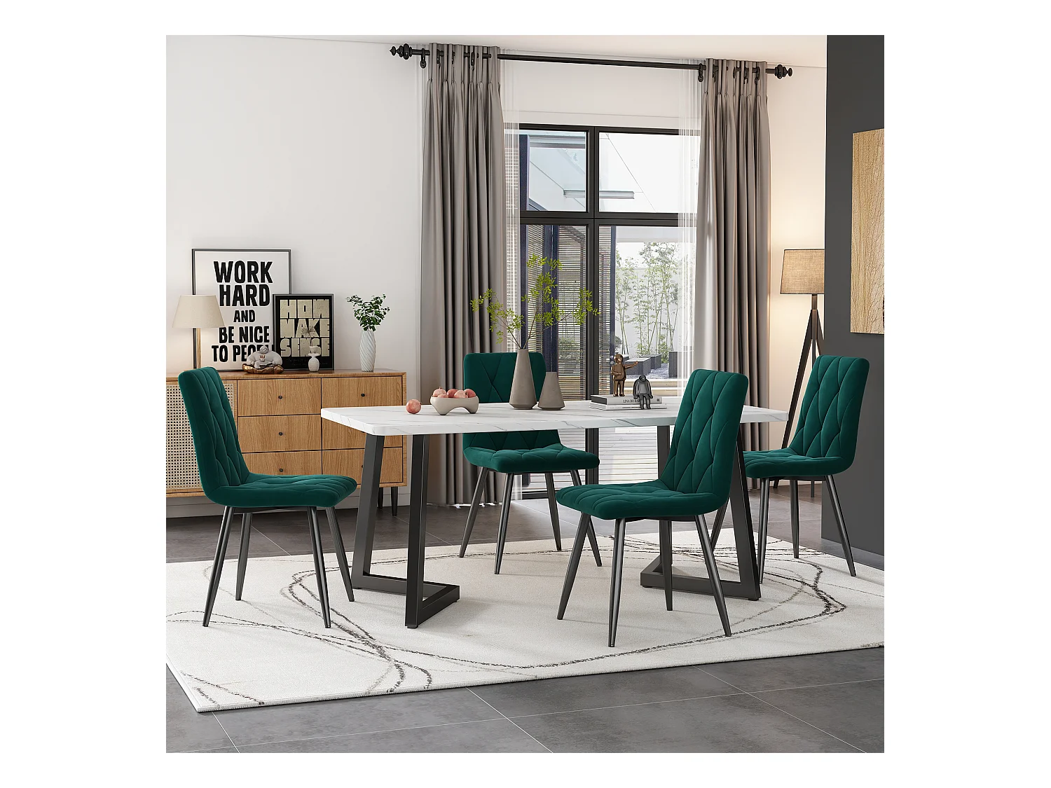 Lot de 4 chaises de salle à manger en velours vert foncé avec dossier rembourré, pieds en métal noir