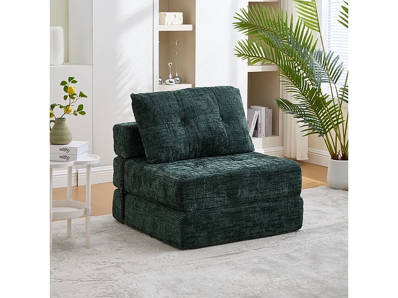 Canapé convertible avec coussins lombaires et appui-tête, chenille vert foncé - pour salon et chambre