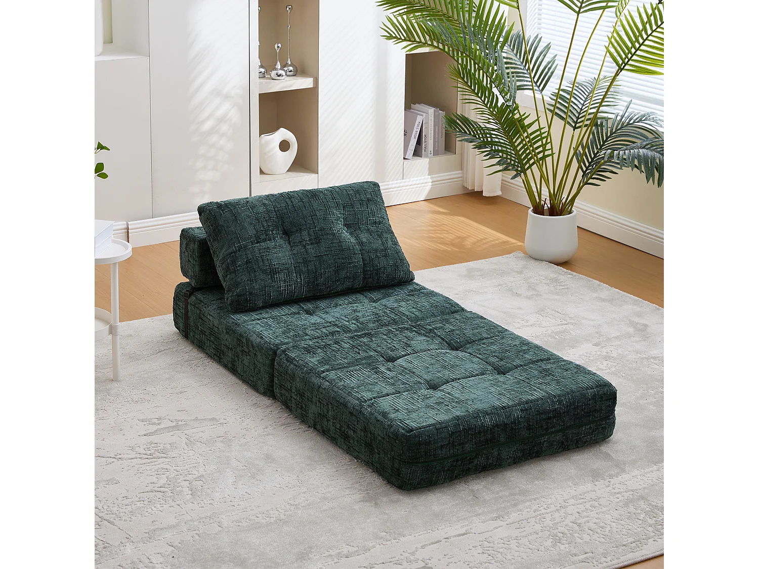 Canapé convertible avec coussins lombaires et appui-tête, chenille vert foncé - pour salon et chambre