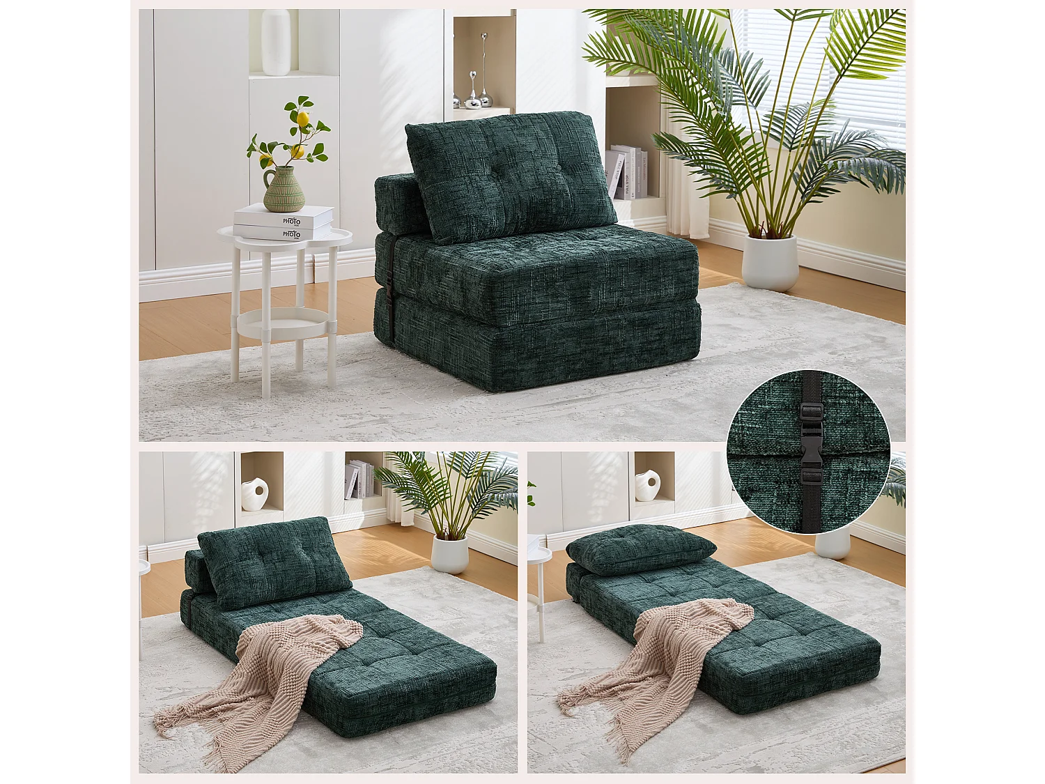 Canapé convertible avec coussins lombaires et appui-tête, chenille vert foncé - pour salon et chambre