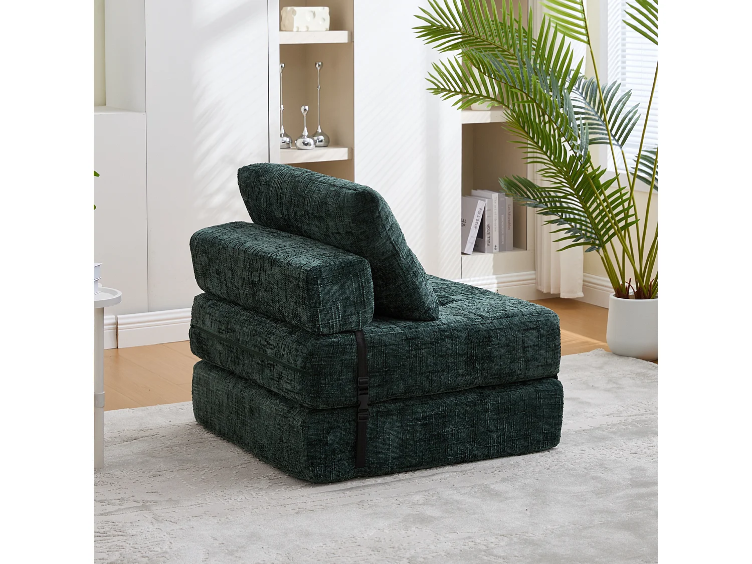 Canapé convertible avec coussins lombaires et appui-tête, chenille vert foncé - pour salon et chambre