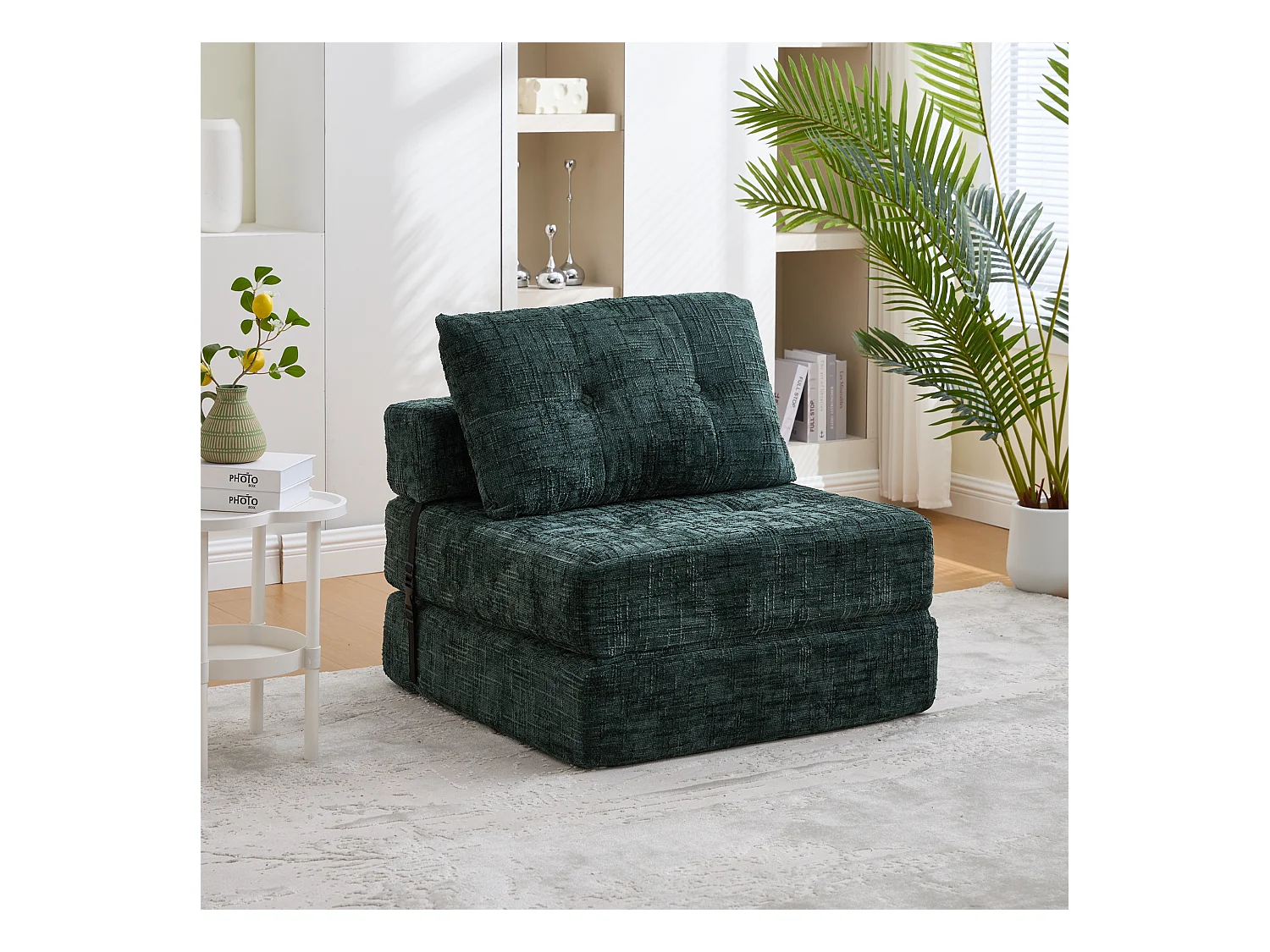 Canapé convertible avec coussins lombaires et appui-tête, chenille vert foncé - pour salon et chambre