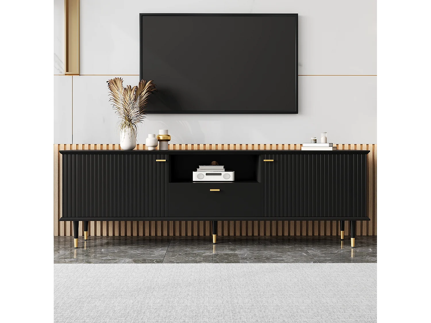 Meuble TV noir avec 2 portes et 1 tiroir de rangement, compartiments ouverts - pour salon