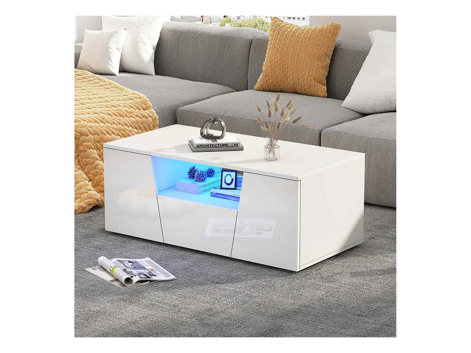 Table basse blanche brillante avec 2 portes et 1 tiroir, éclairage LED - pour salon