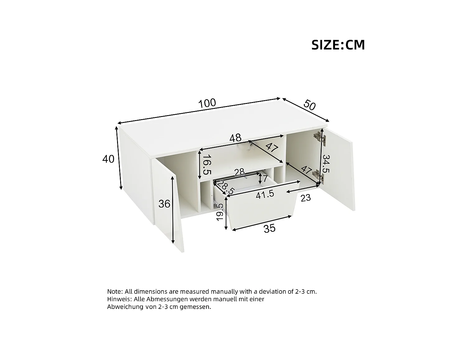 Table basse blanche brillante avec 2 portes et 1 tiroir, éclairage LED - pour salon