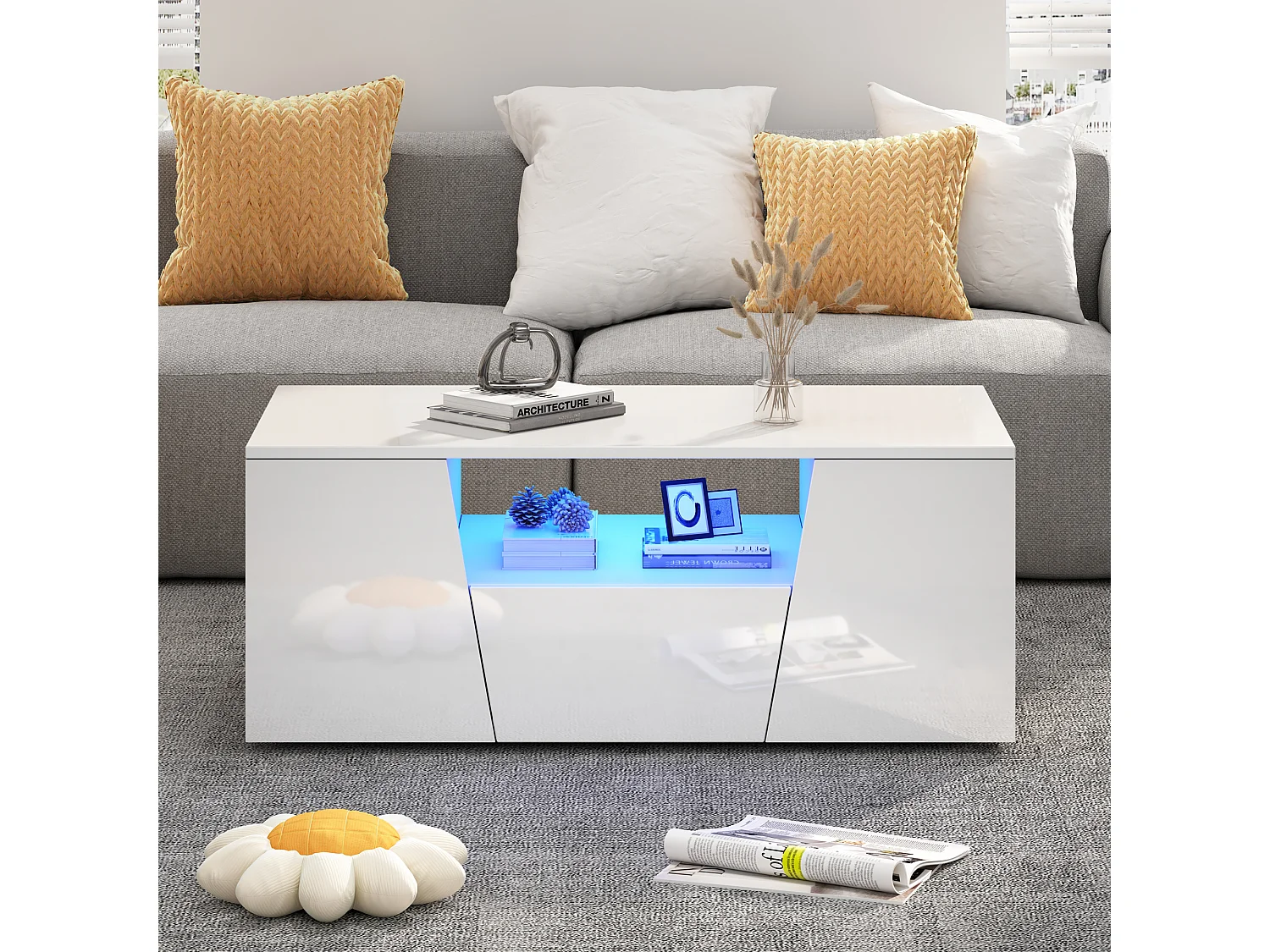 Witte hoogglans salontafel met 2 deuren, 1 lade en LED-verlichting – Voor woonkamer