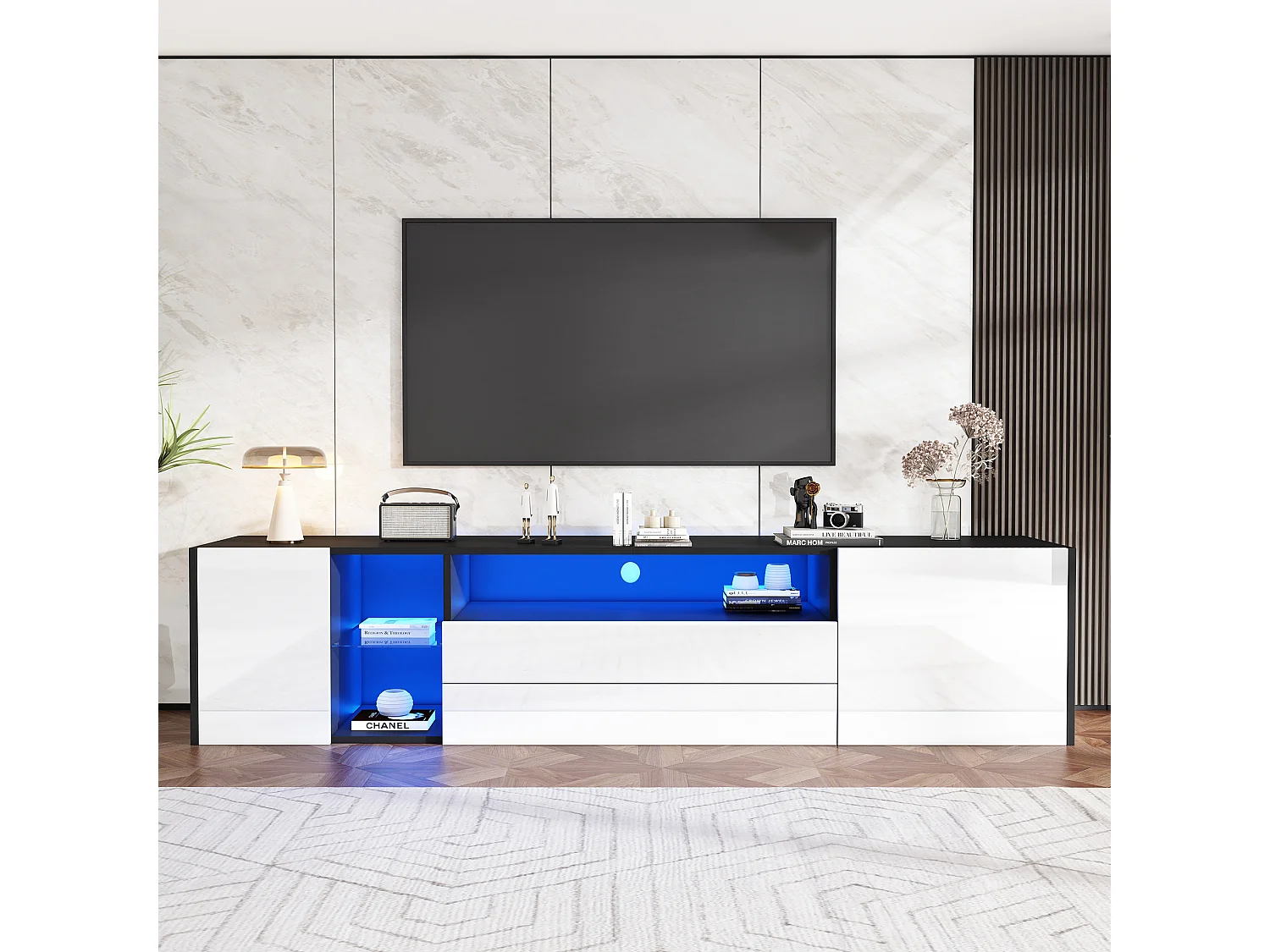Meuble TV 180 cm avec 2 portes et 2 tiroirs de rangement, éclairage LED - noir et blanc