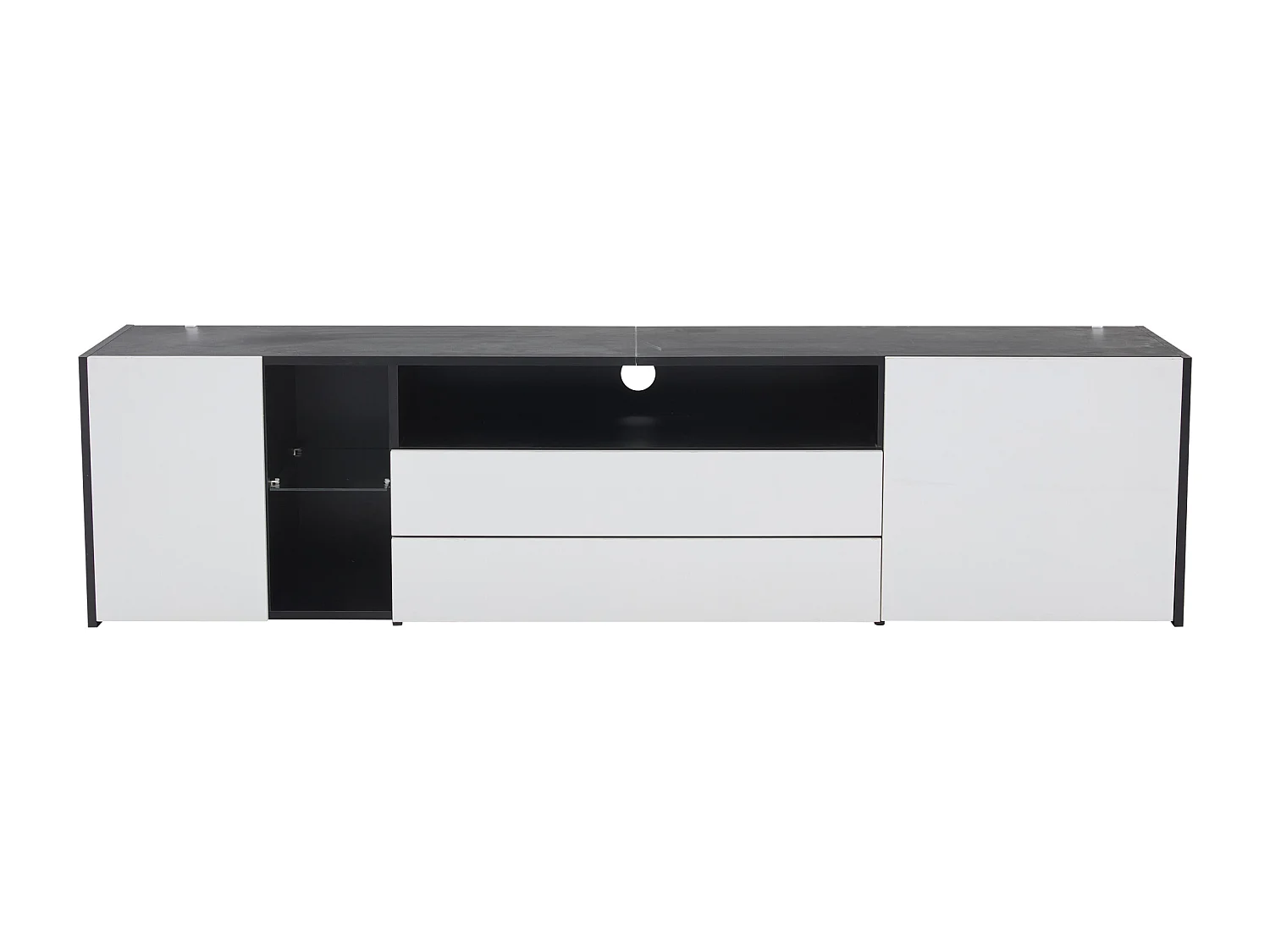 Meuble TV 180 cm avec 2 portes et 2 tiroirs de rangement, éclairage LED - noir et blanc