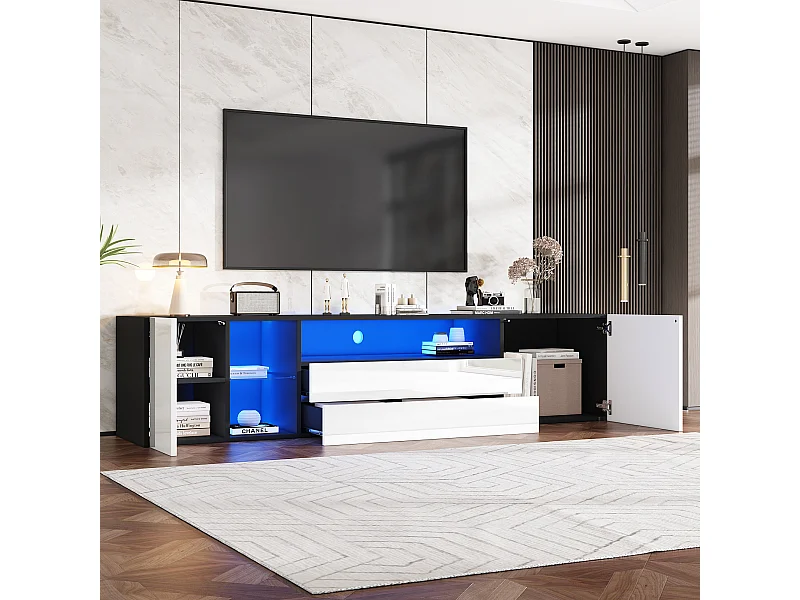 Meuble TV 180 cm avec 2 portes et 2 tiroirs de rangement, éclairage LED - noir et blanc