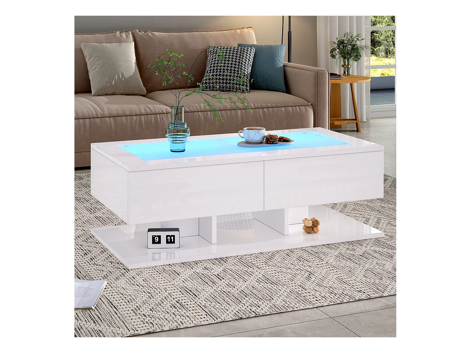 Table basse blanche, table basse rectangulaire avec éclairage LED et 2 tiroirs de rangement, plateau en verre