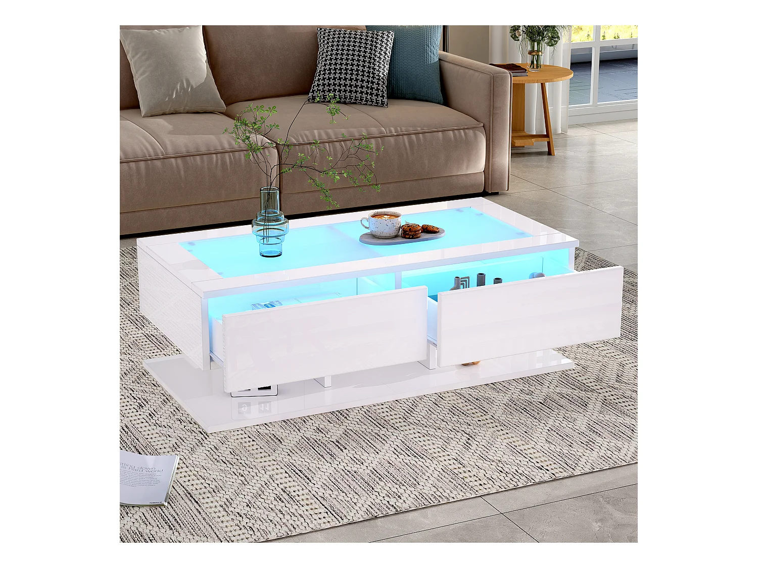 Table basse blanche avec éclairage LED et 2 tiroirs de rangement, plateau en verre