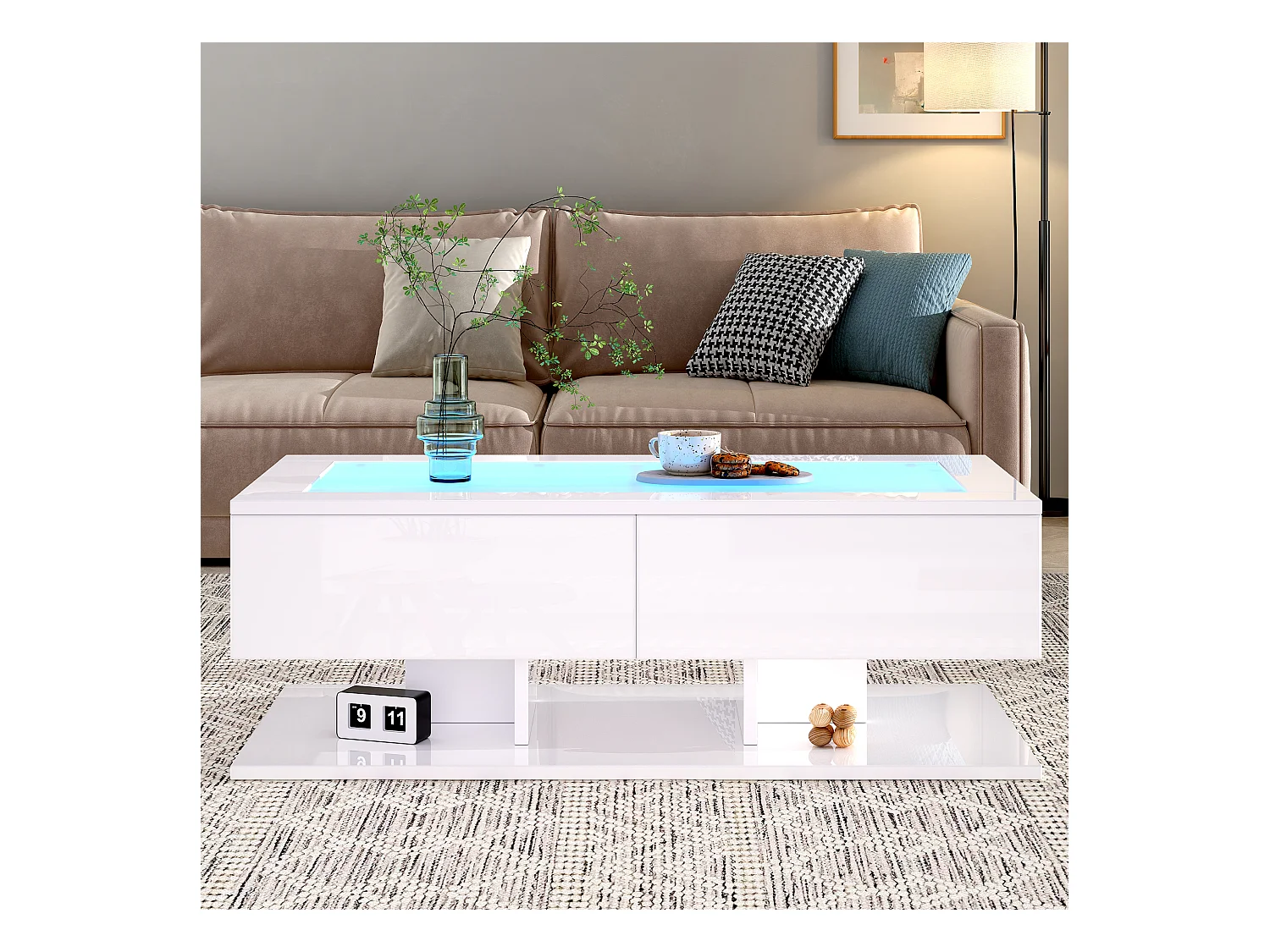 Weißer Couchtisch mit LED-Beleuchtung, 2 Schubladen und Glasplatte