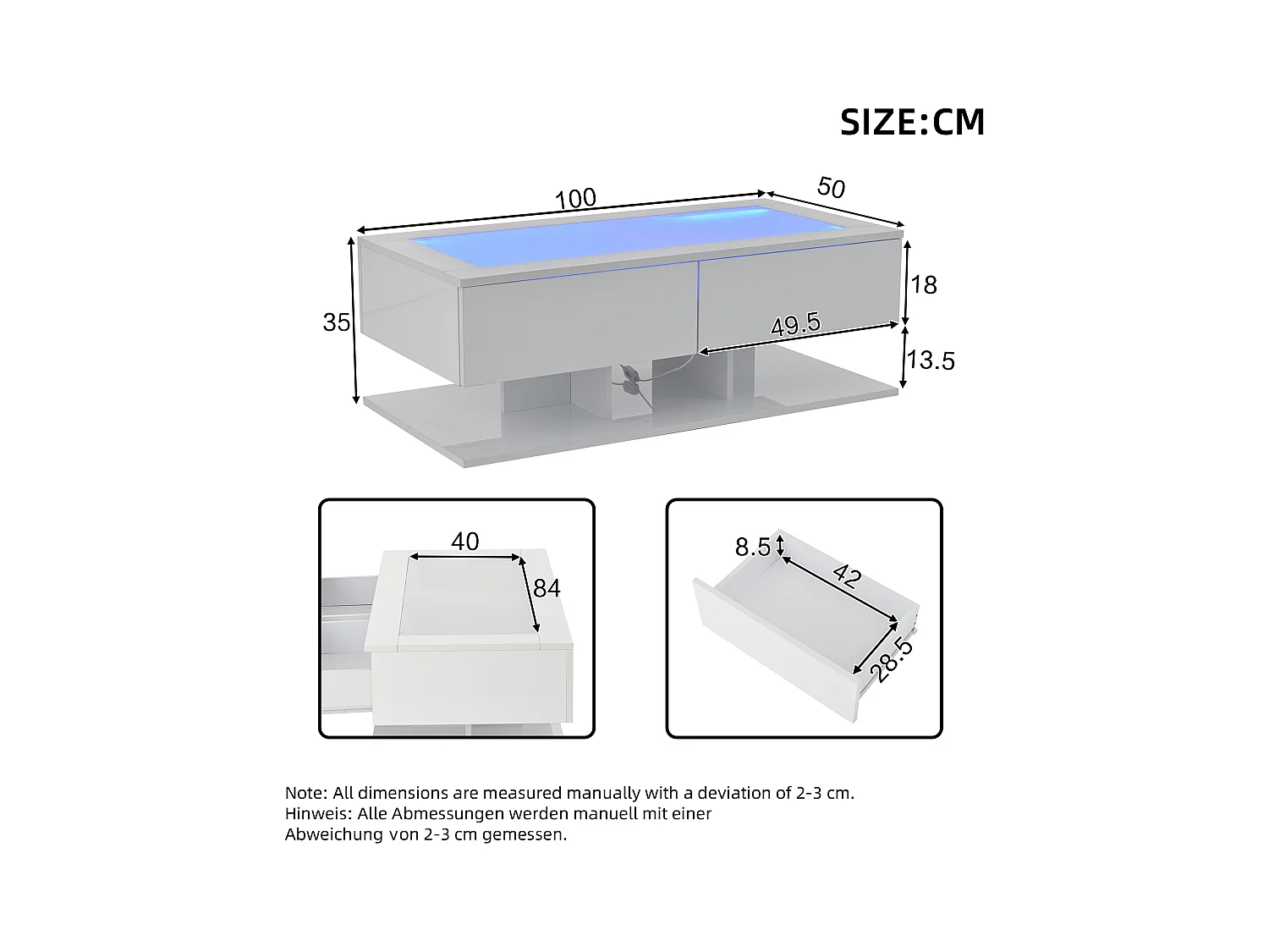 Weißer Couchtisch mit LED-Beleuchtung, 2 Schubladen und Glasplatte