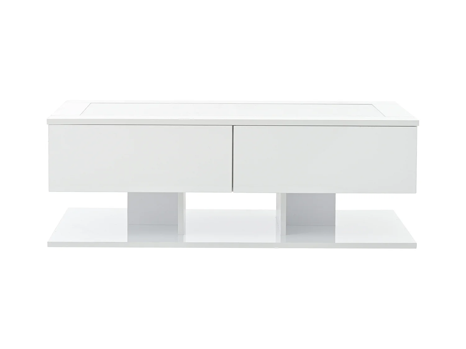 Weißer Couchtisch mit LED-Beleuchtung, 2 Schubladen und Glasplatte