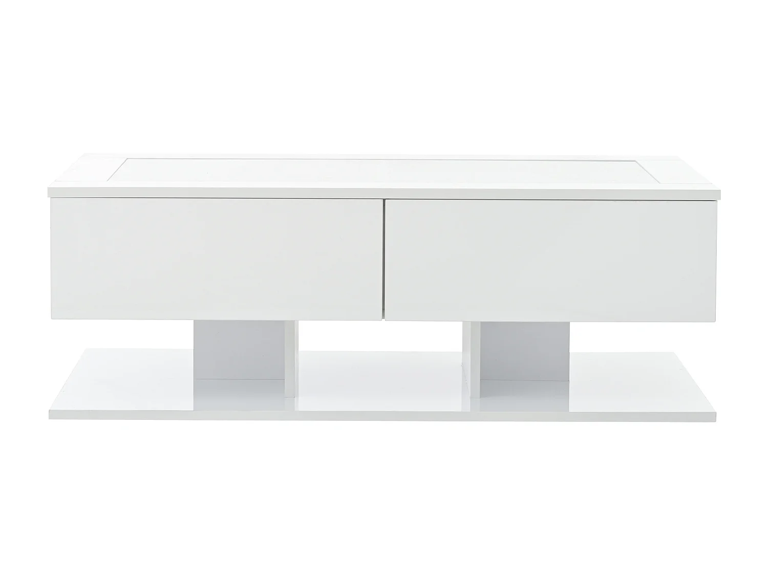 Tavolino da salotto bianco con illuminazione LED, 2 cassetti e piano in vetro