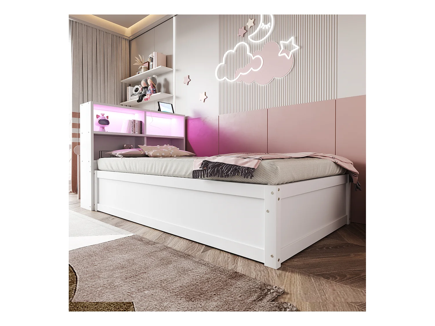 Lit simple coffre 90x200 cm avec éclairage LED et prise USB, lattes en bois, blanc - sans matelas