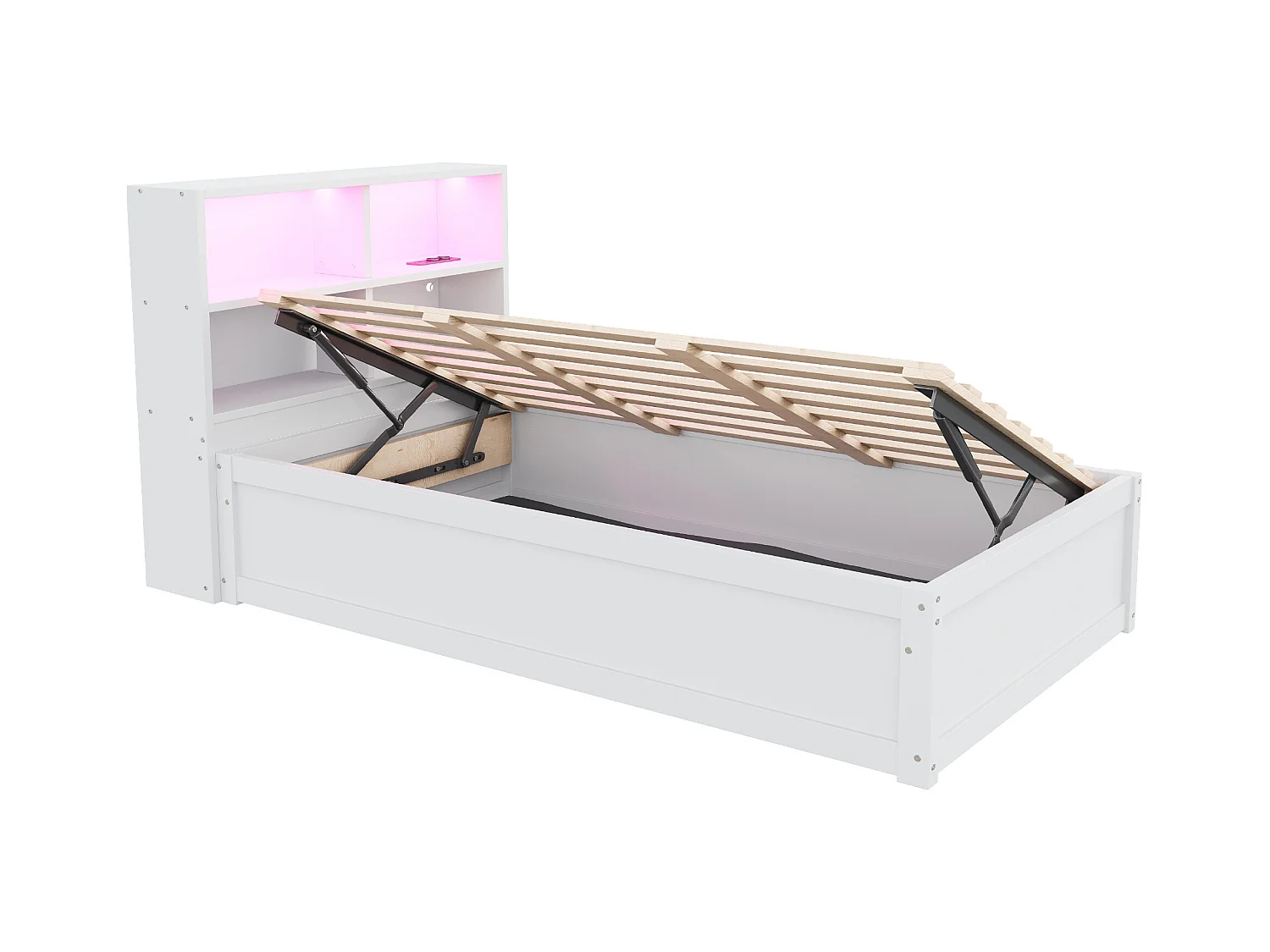 Lit simple coffre 90x200 cm avec éclairage LED et prise USB, lattes en bois, blanc - sans matelas