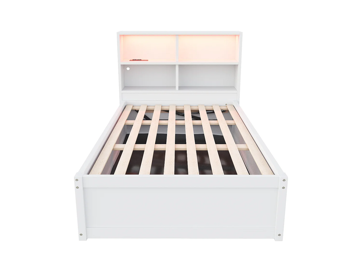 Lit simple coffre 90x200 cm avec éclairage LED et prise USB, lattes en bois, blanc - sans matelas