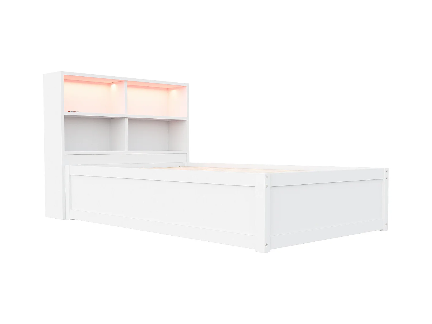 Lit simple coffre 90x200 cm avec éclairage LED et prise USB, lattes en bois, blanc - sans matelas