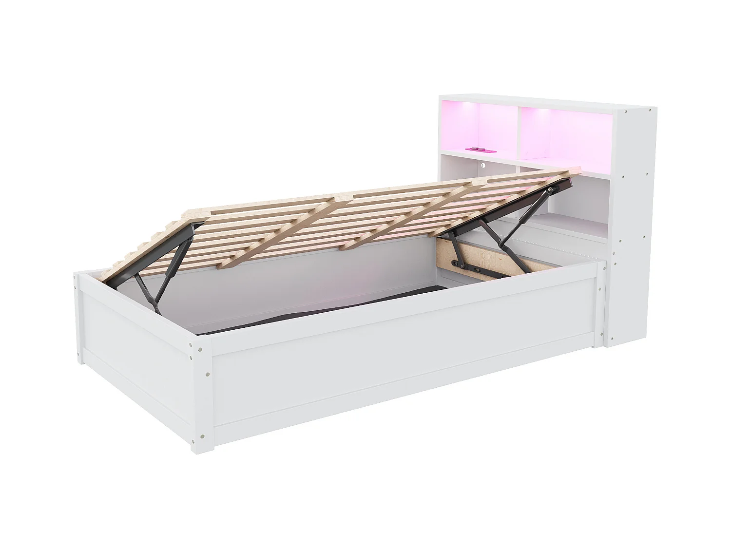 Lit simple coffre 90x200 cm avec éclairage LED et prise USB, lattes en bois, blanc - sans matelas