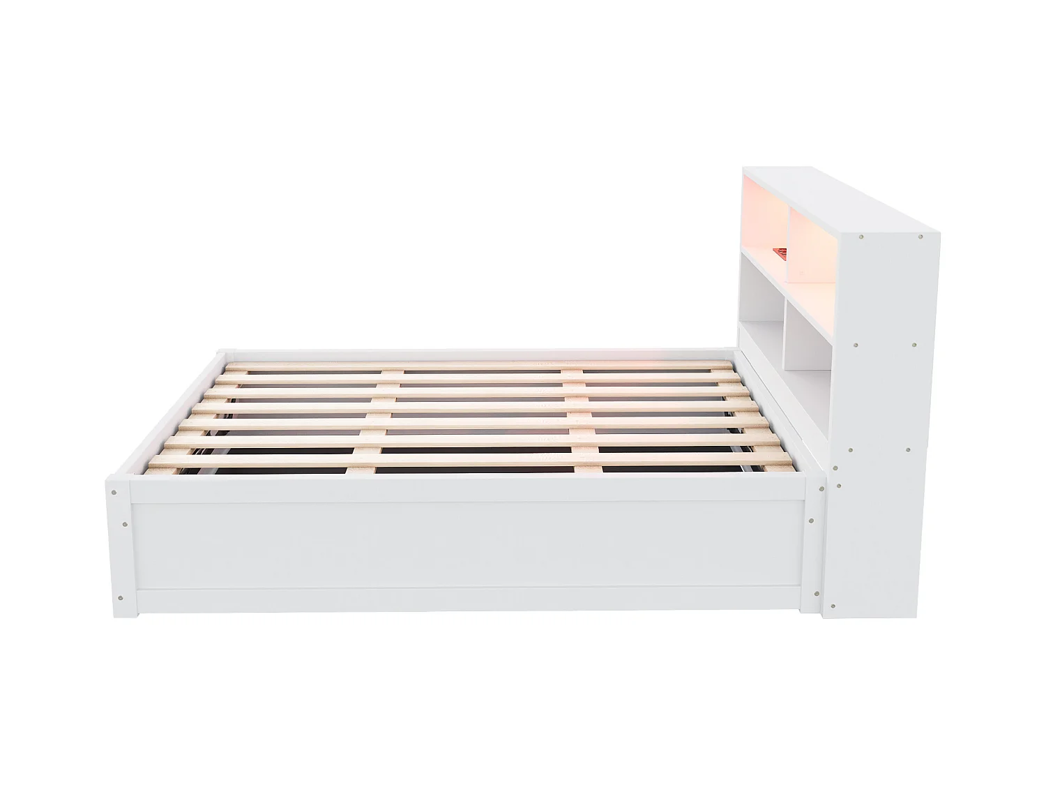 Lit simple coffre 90x200 cm avec éclairage LED et prise USB, lattes en bois, blanc - sans matelas