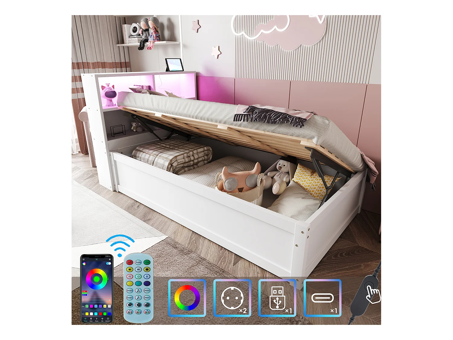 Lit simple coffre 90x200 cm avec éclairage LED et prise USB, lattes en bois, blanc - sans matelas