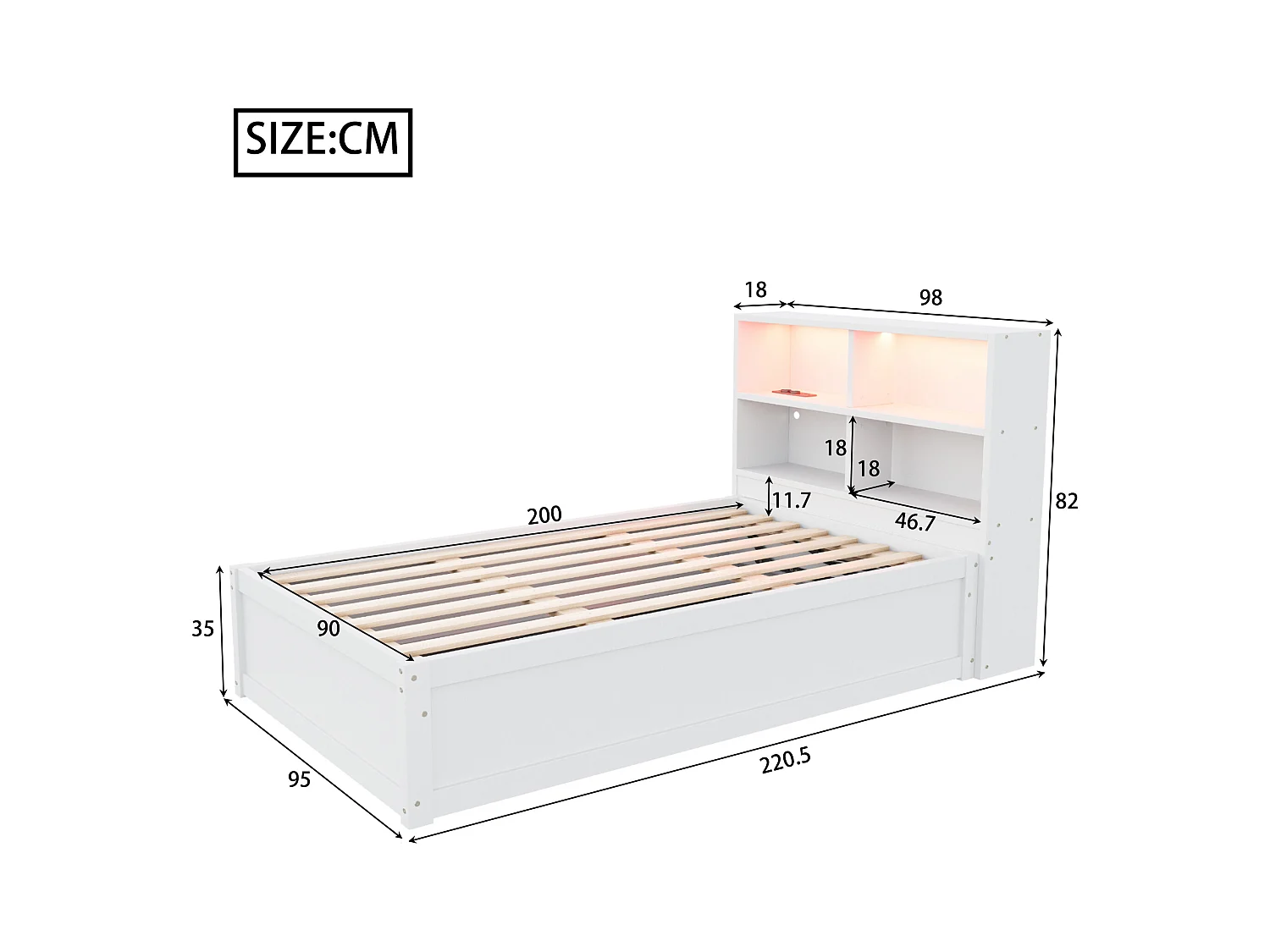 Stauraumbett 90x200 cm mit LED-Licht und USB-Steckdose, Holzlattenrost, weiß - ohne Matratze