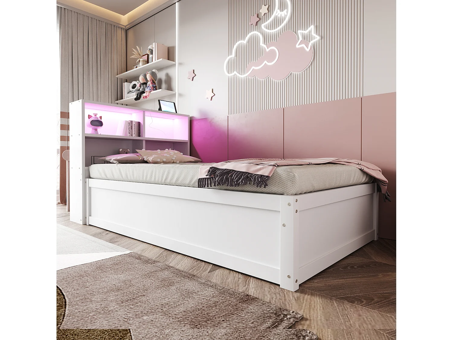 Lit simple coffre 90x200 cm avec éclairage LED et prise USB, lattes en bois, blanc - sans matelas