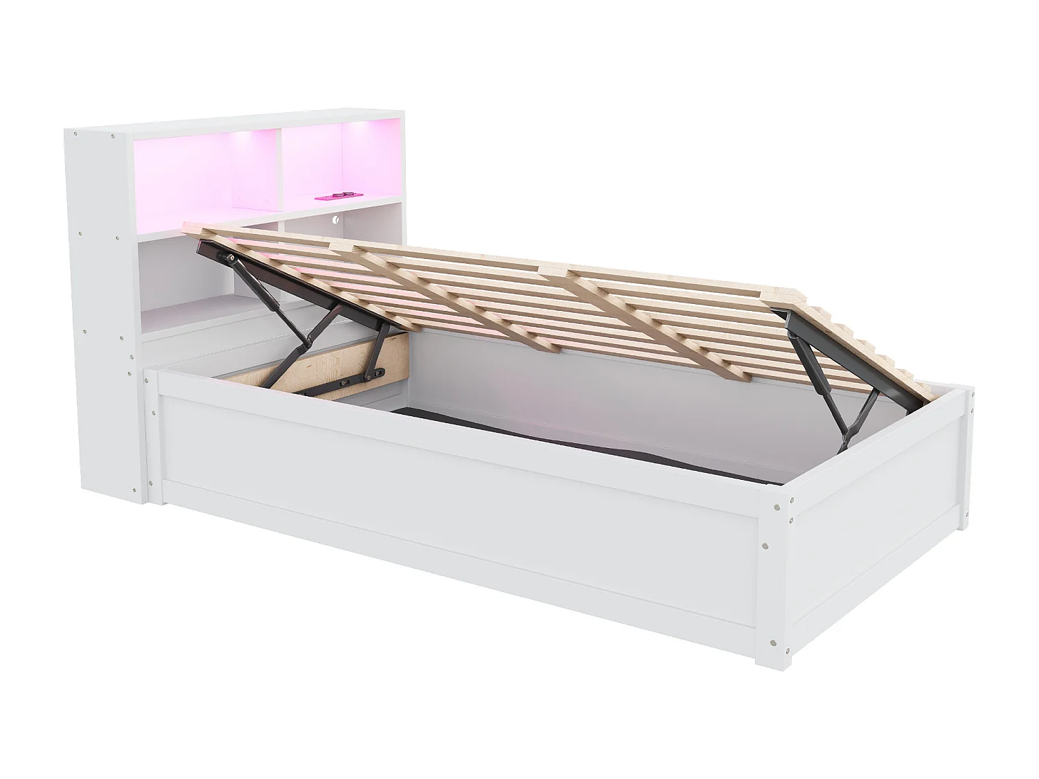Lit simple coffre 90x200 cm avec éclairage LED et prise USB, lattes en bois, blanc - sans matelas