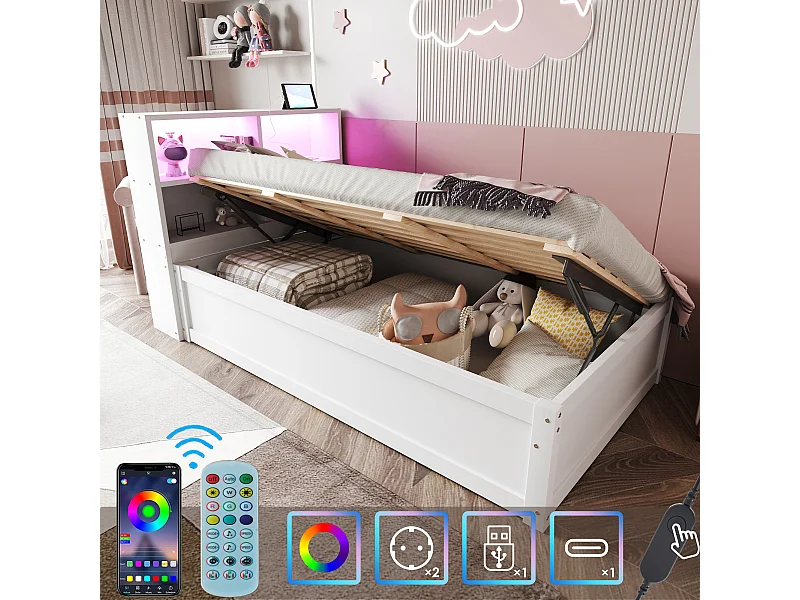 Lit simple coffre 90x200 cm avec éclairage LED et prise USB, lattes en bois, blanc - sans matelas