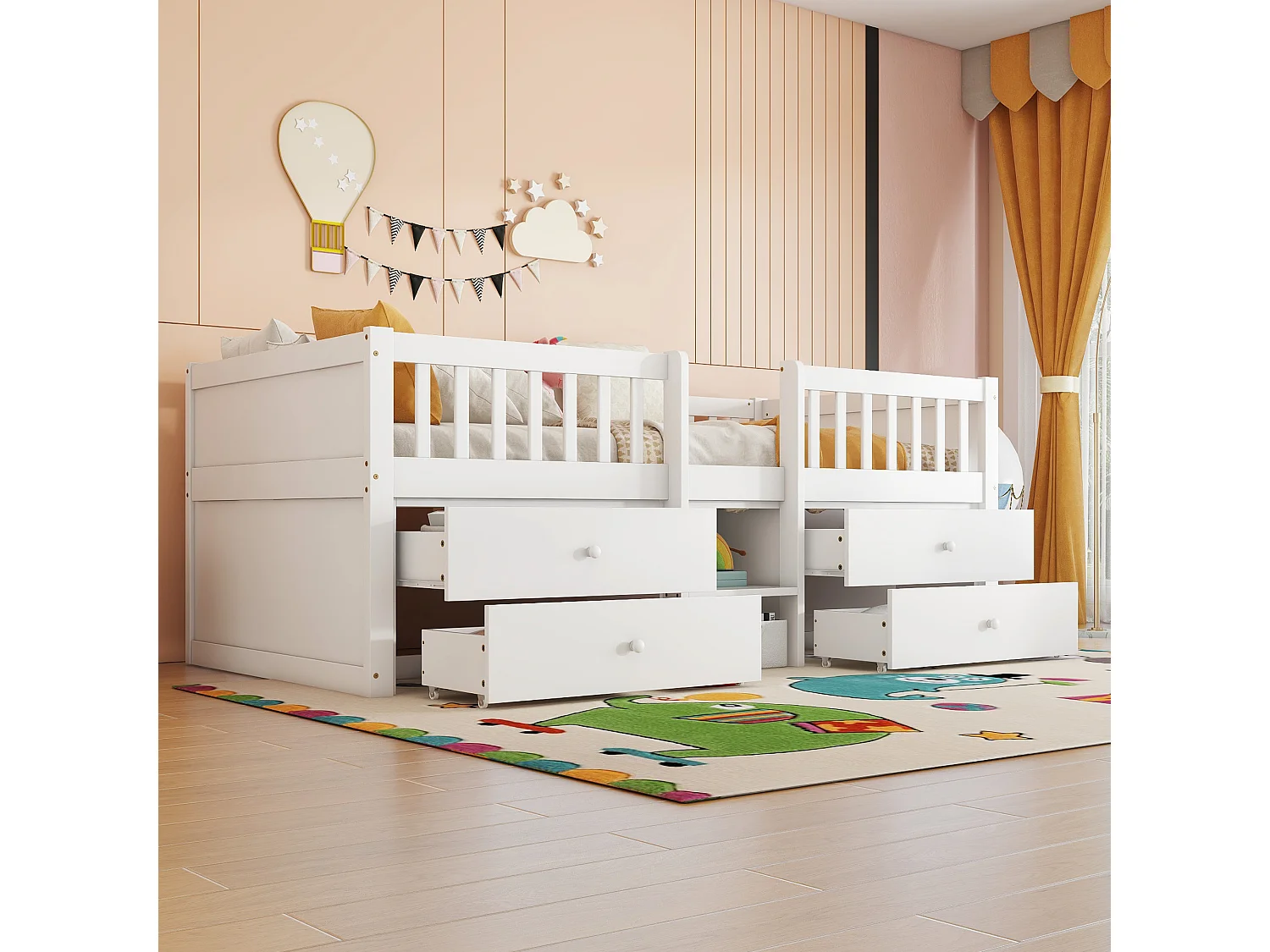 Kinderbed 90x200 cm met 4 opberglades en veiligheidshekken, wit - zonder matras