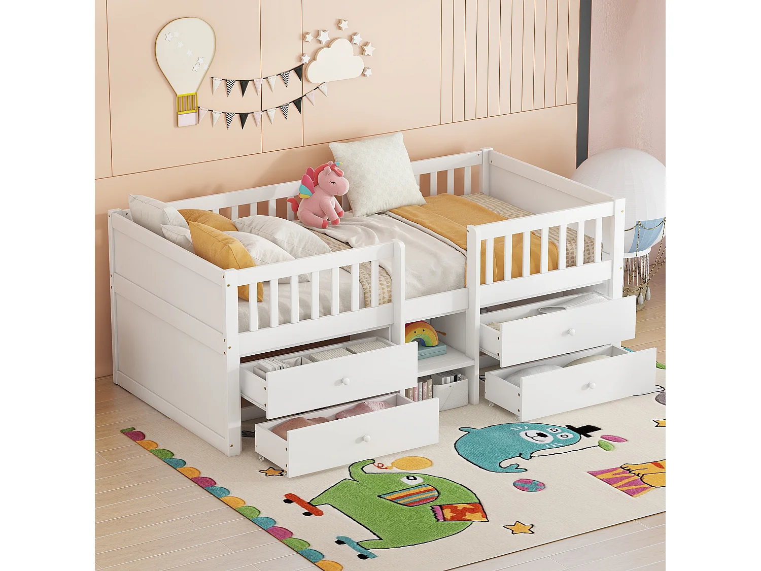 Kinderbett 90x200 cm mit 4 Aufbewahrungsschubladen und Sicherheitsgittern, weiß - ohne Matratze