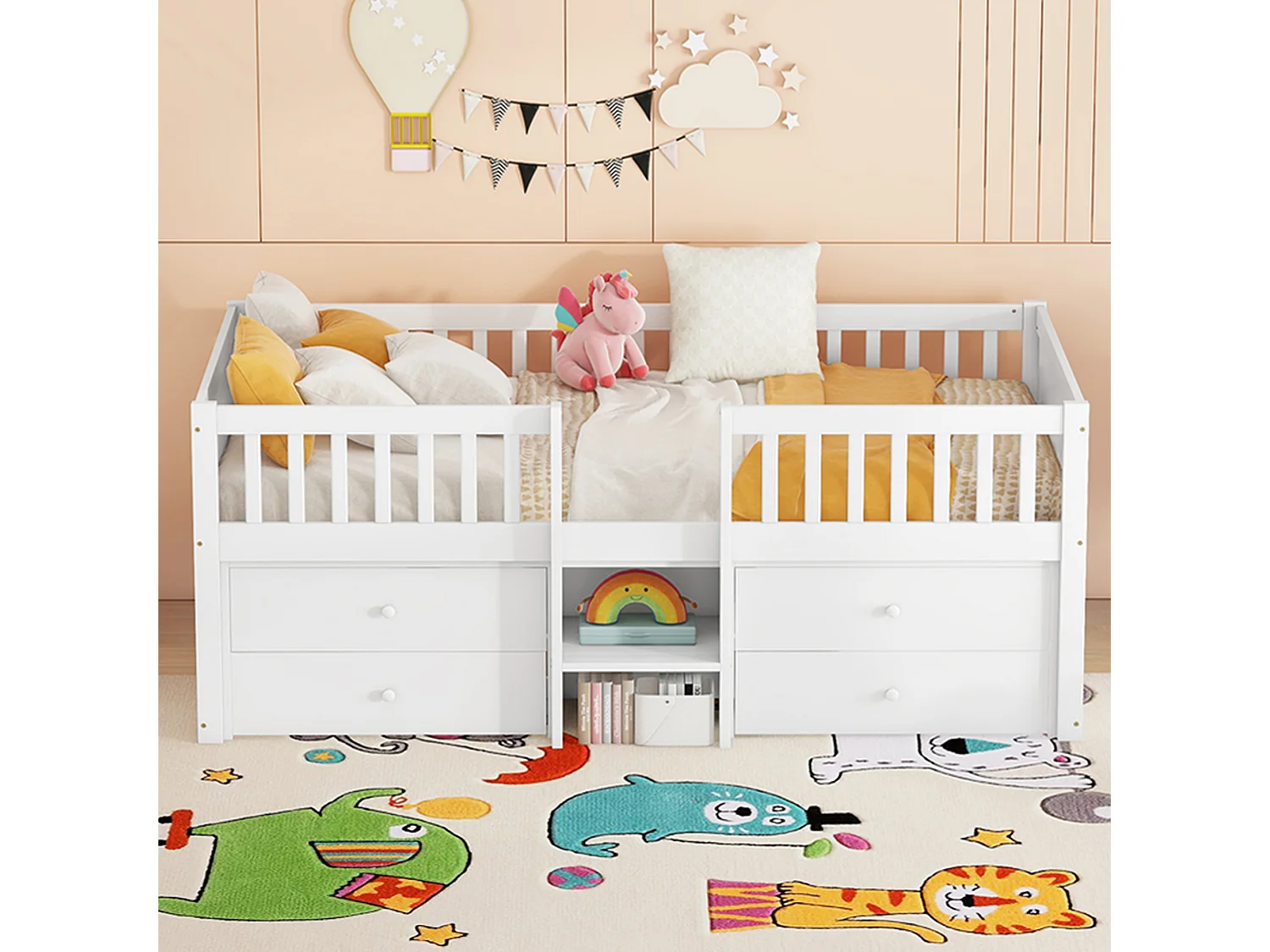 Kinderbett 90x200 cm mit 4 Aufbewahrungsschubladen und Sicherheitsgittern, weiß - ohne Matratze