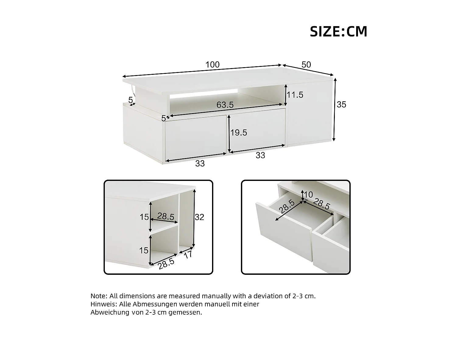 Mesa de centro blanca con 2 cajones de almacenamiento y estantes, iluminación LED – para salón