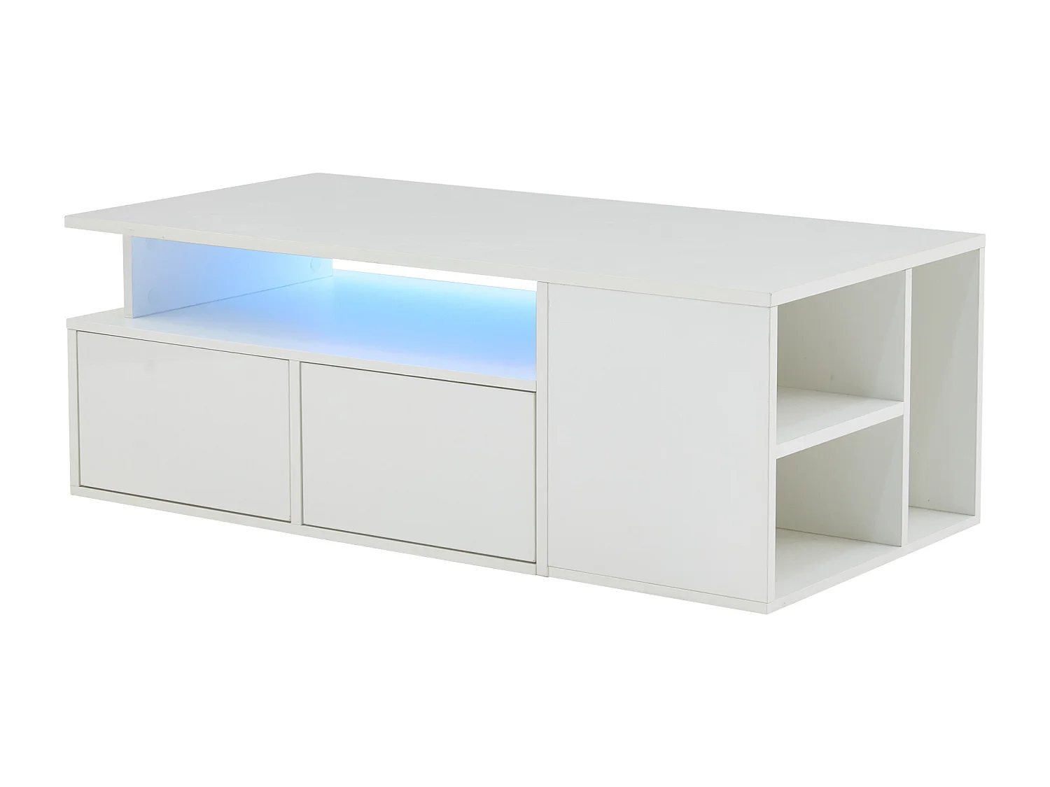 Mesa de centro blanca con 2 cajones de almacenamiento y estantes, iluminación LED – para salón